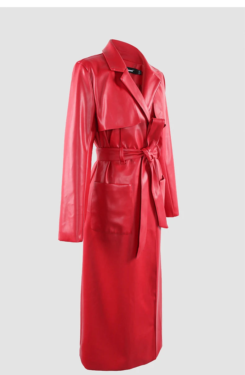 Nerazzurri Spring Autumn Long Red Soft Pu Leather Trench Coat for Women Pockets Sashes Luxury Elegant Chic Stylish Overcoat 2023