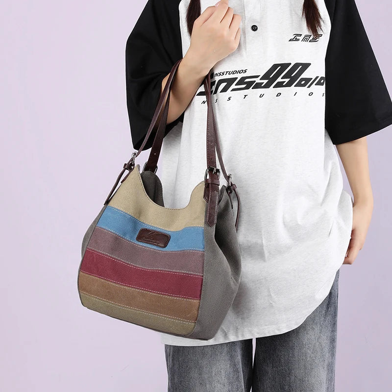 Canvas patchwork Female Top-Handle Bag Women Shoulder Bag Vintage Ladies Commuting Handbags