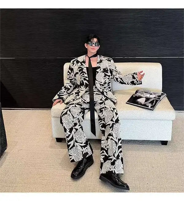 IEFB Niche Design Men's Two-piece Collarless Embroidery Blazer Loose Straight Suit Pants Contrast Color Male Sets New 9C7485
