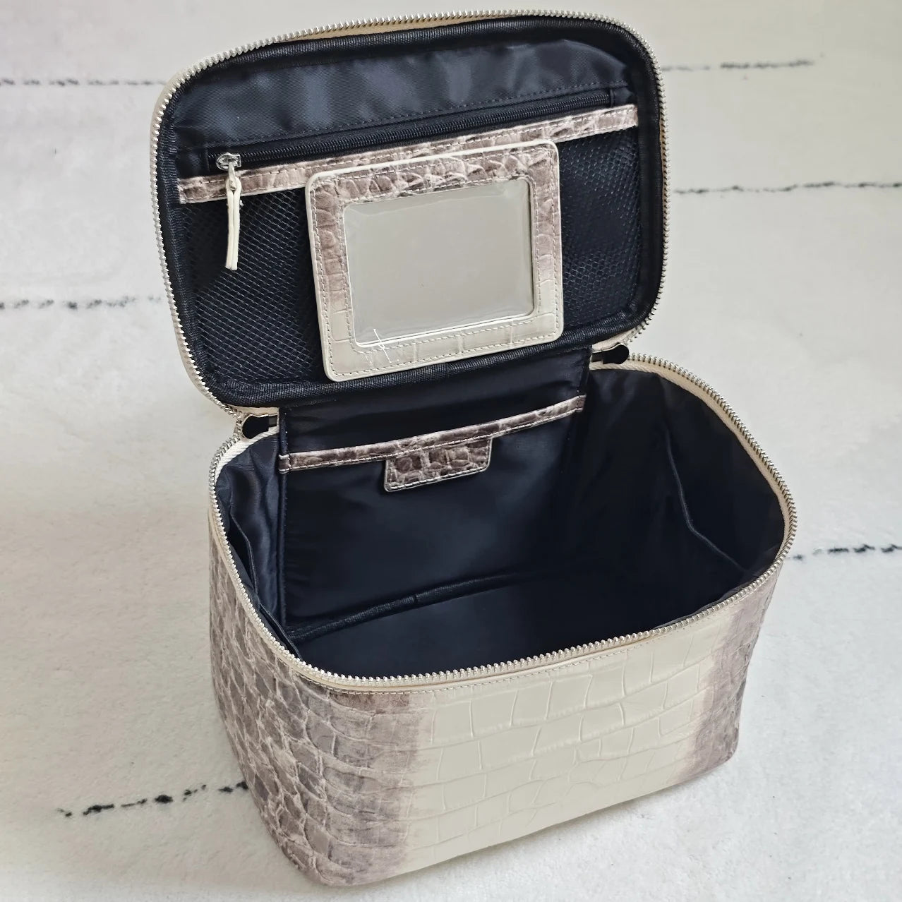 Firstgrain Cowhide Himalayan Crocodile Pattern Vanity Case Genuine Leather Square Portable Large-Capacity Hand-Held Cosmetic Bag