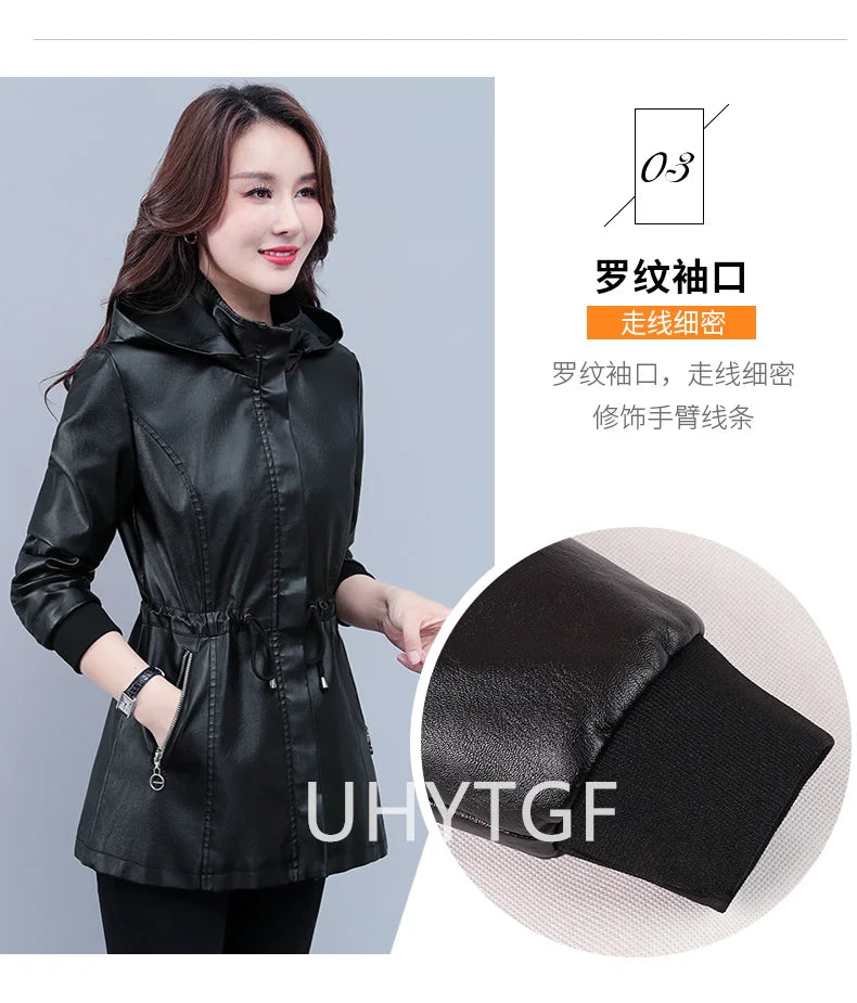 UHYTGF Fleece Winter Leather Female Quality Pu Leather Windbreaker Women Temperament Slim Warm 3XL Big Size Coat Deri Ceket 425