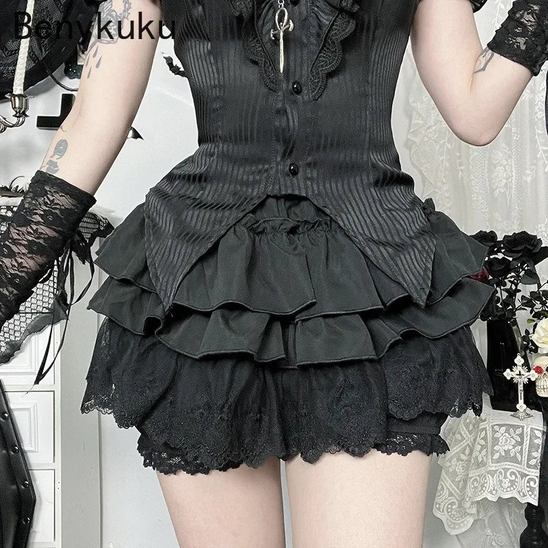 Gothic Punk Girls Kawaii High Waist Shorts Skirts Lolita Vintage Lace Ruffles Shorts Y2k E-girl Black Women Pumpkin Bloomers