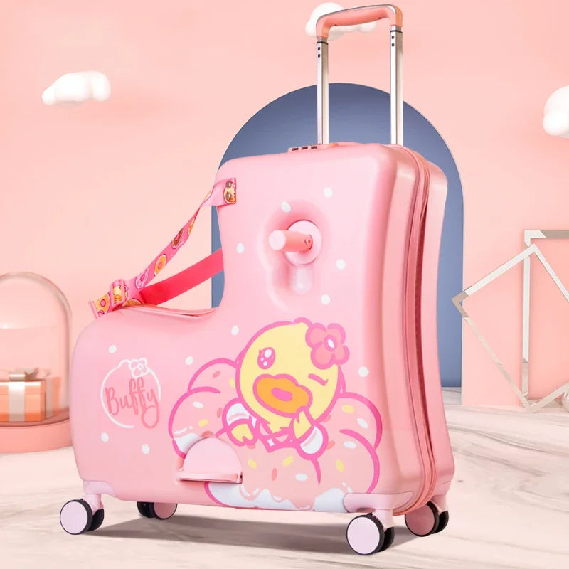 Cute Pony Cartoon Suitcase for Children Can Sit and Ride Carry on Kids Luggage Baby Trolley Case Boarding Cabin 20 Inch