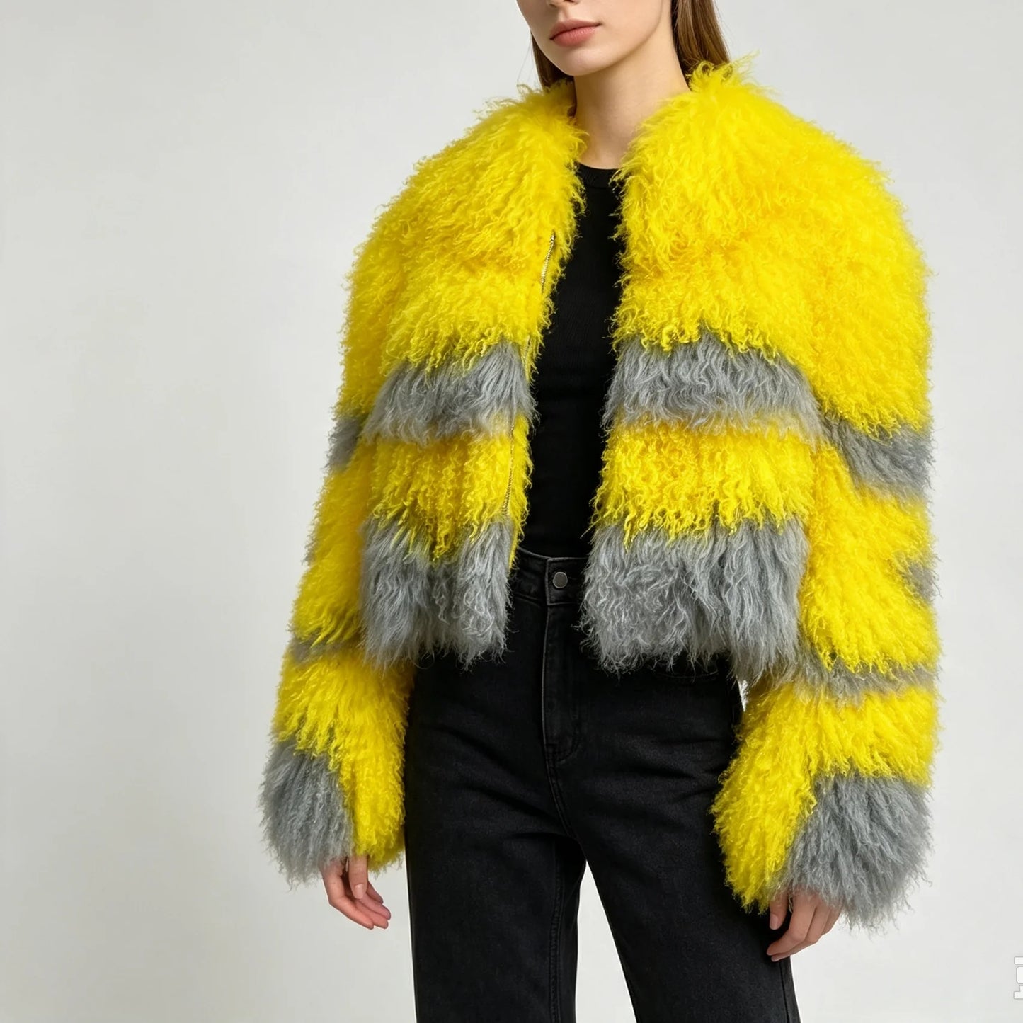Aulande New Women Winter 100% Real Fur Mongolian Sheepskin Coats Short  40 CM Standing Coller Fashion High Quality Sheep Jacket