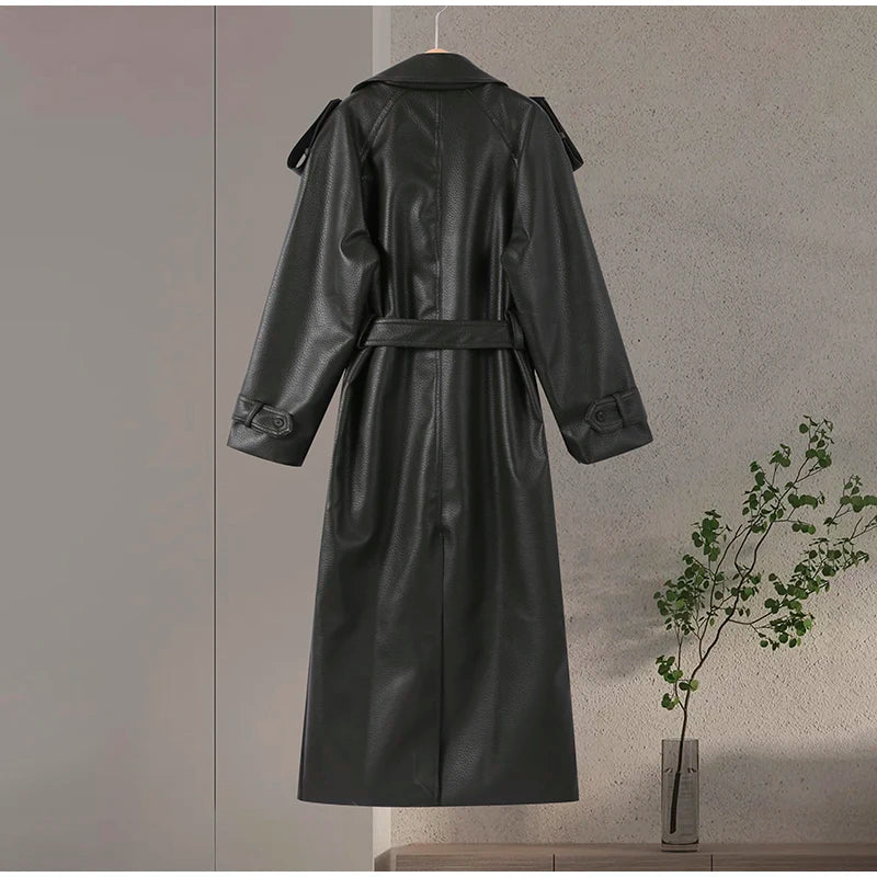 Double Breasted Lace up Long Leather Coat Woman Long Sleeves Loose Solid Color Casual Jackets Street Women's Early Autumn Coats