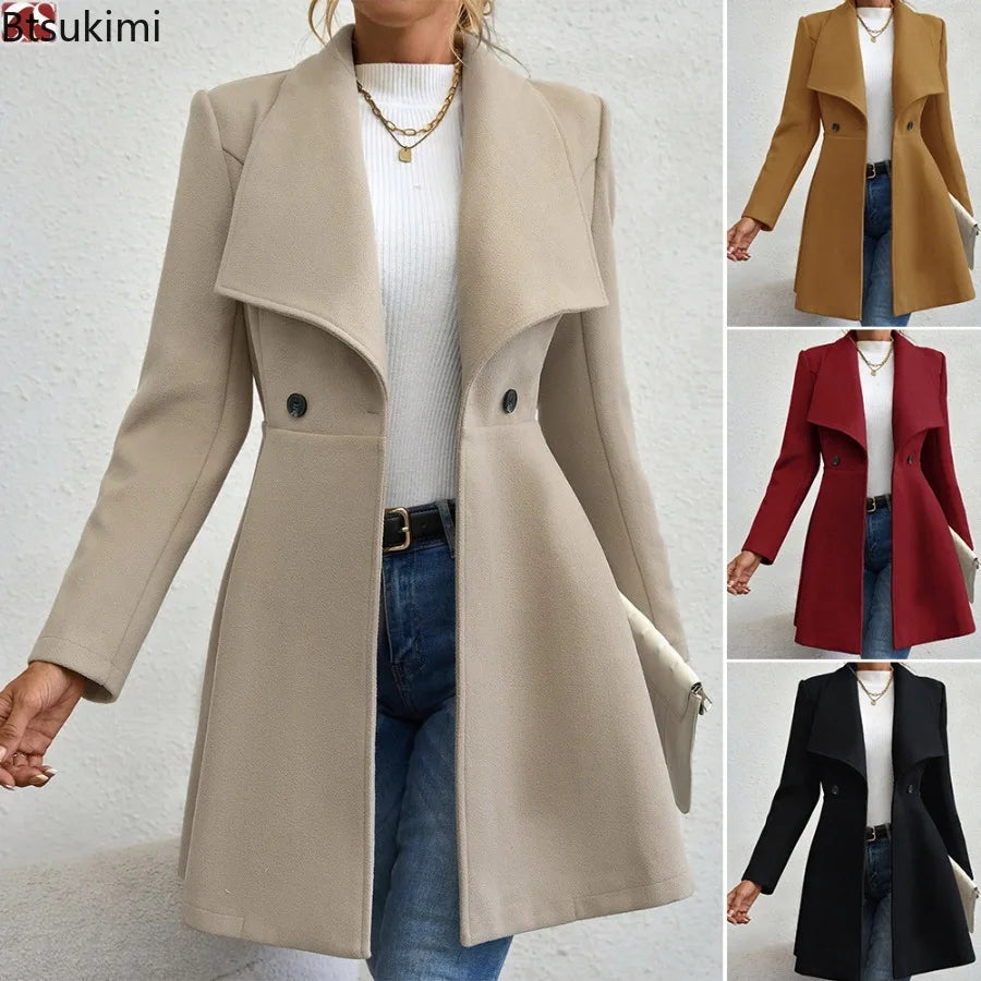 Autumn Winter Women Coat Fashion Solid Color Lapel Collar Single-breasted Slim Fit Female Woolen Coat Mid Length Lady Overcoat