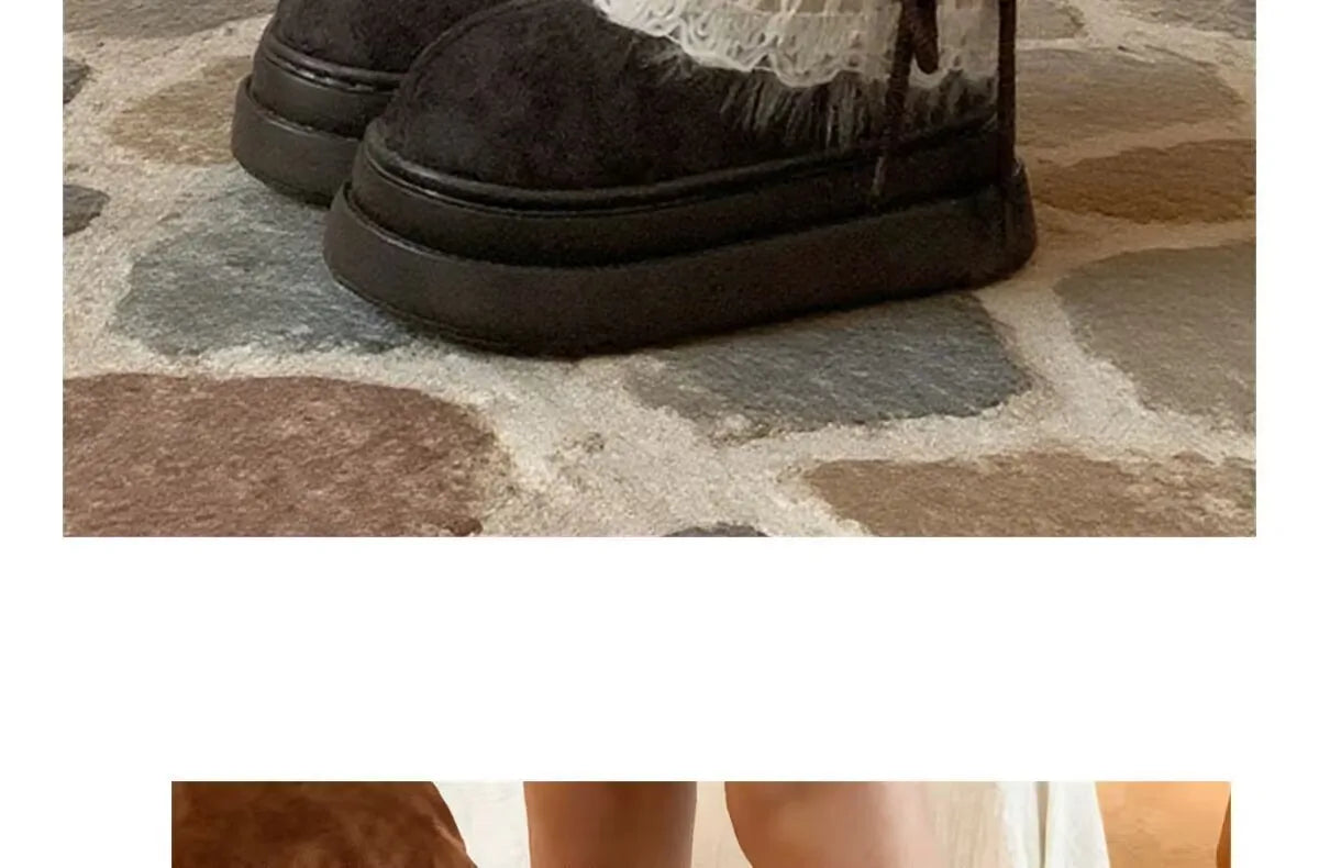 Korean Style Lace Snow Boots 2025 Winter Plush Warm Short Boots Girls Sweet Thick Bottom Casual Boots Students Cotton Shoes
