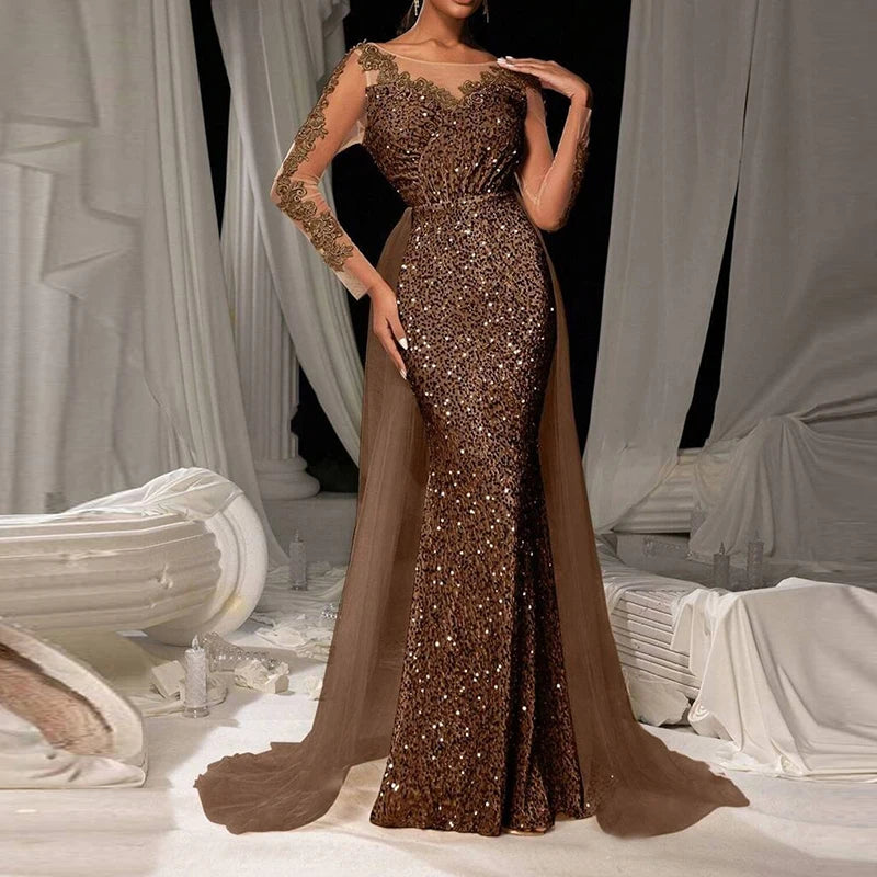 Luxury Long Sleeve Slim Dress Elegant V-neck Lace Sequin Mesh Spliced Evening Dress Fashion Solid Color High Waist Glitter Dress