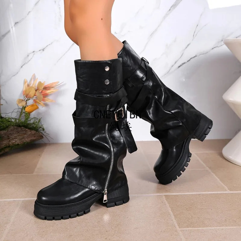 Platform Chunky Sole Women Knee High Boots Buckle Strap Side Zipper Shoes Autumn Winter Vintage Ladies Non Slip Long Boots