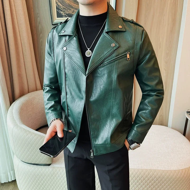 Men High Quality Faux Leather Jacket Vintage Oblique Zipper  Slim Fit Motorcycle Outwear Male Autumn Winter PU Leather Coats
