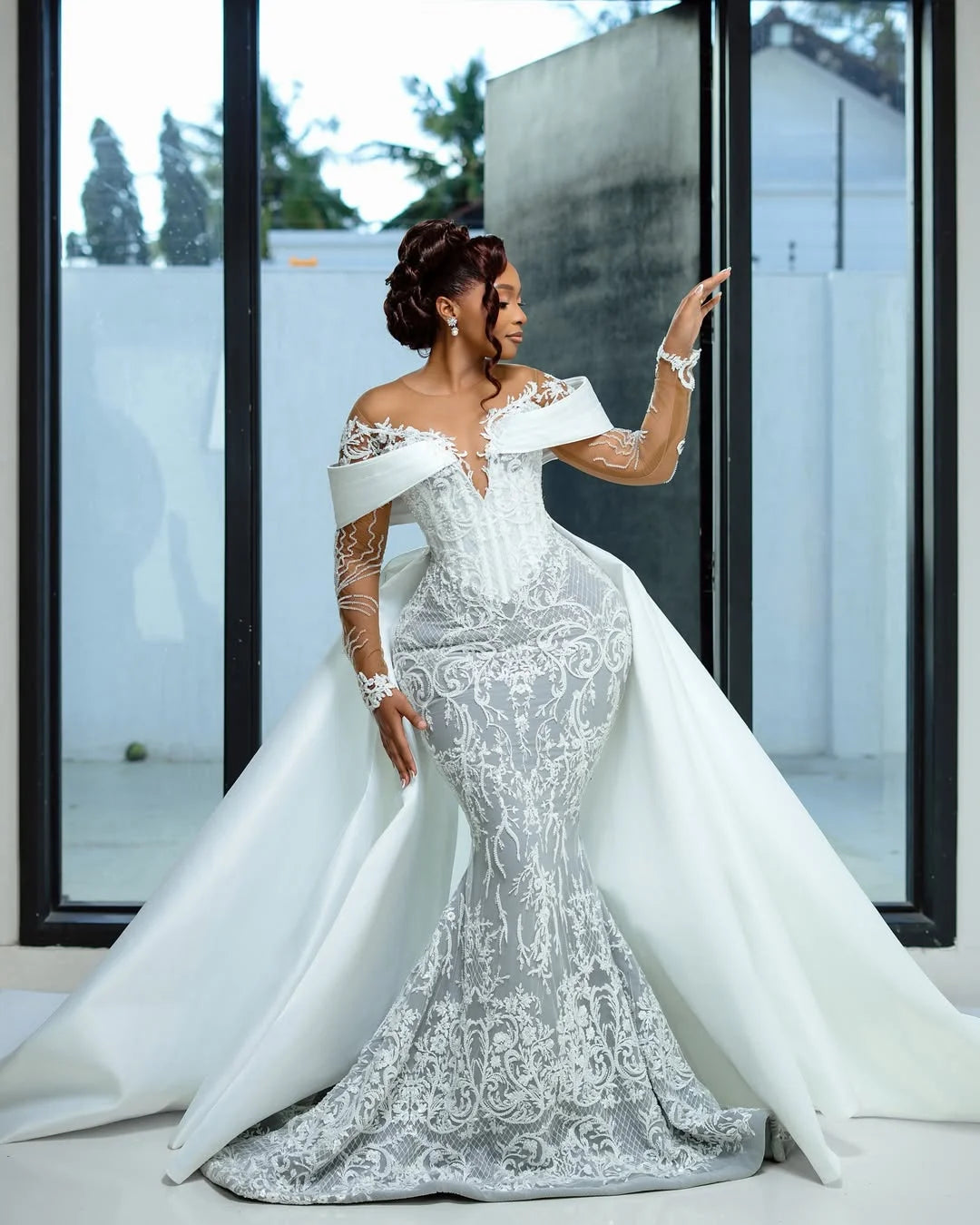Off The Shoulder Mermaid Luxury Wedding Dresses Detachable Overskirt Long Lace Sleeves Bridal Dress Vestido De Novia Customized
