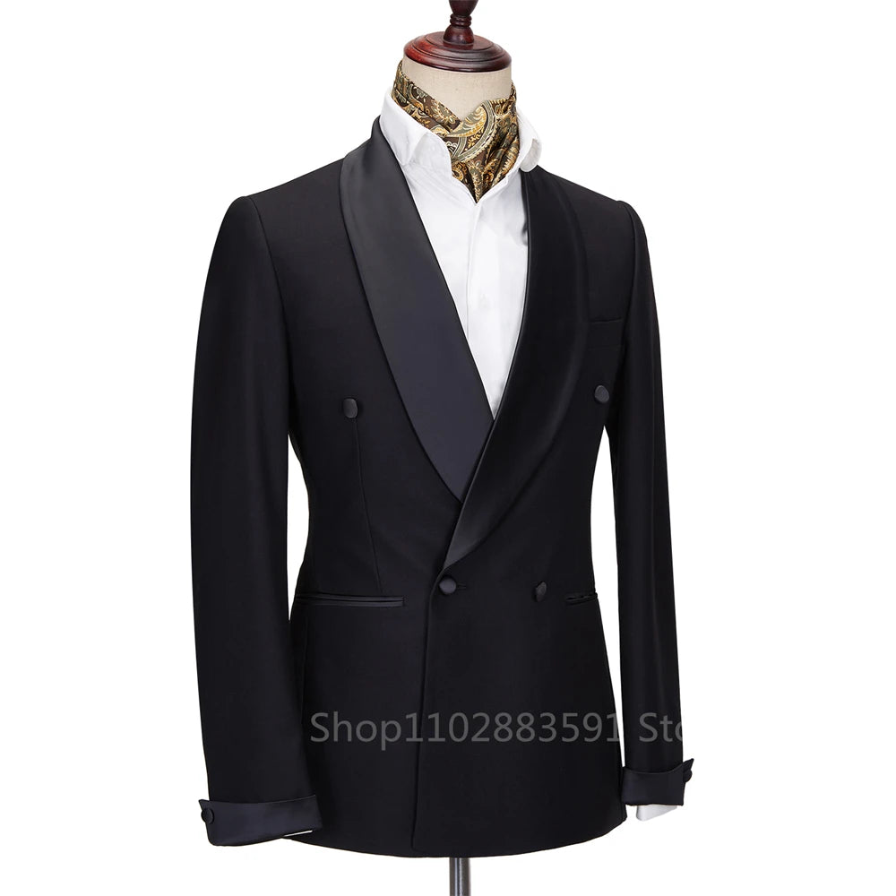 New 2024 Men Suit Black Satin Lapel Tuxedo 2 Pieces Double Breasted Wedding Shawl Lapel Party Costume Groom Male Wear