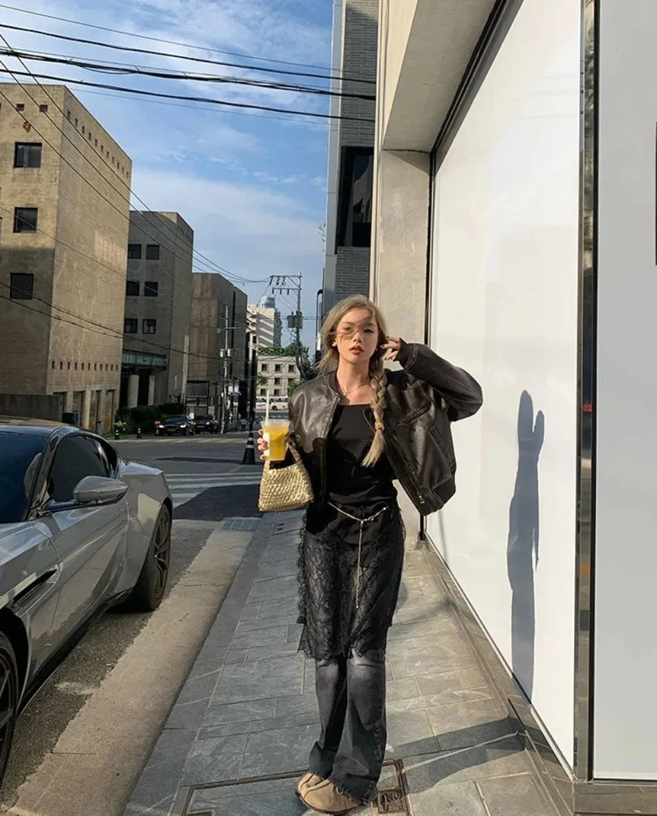 New in Autumn Winter Women High End Short Motorcycle Leather Jacket Women Top Retro Brown Loose Casual Coat Female Clothing