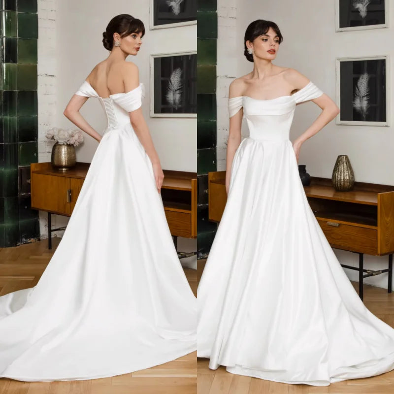 2027 Modern Satin A Line Wedding Dress Elegant Cap Sleeve Lace-up Court Train Off The Shoulder Bridal Gowns