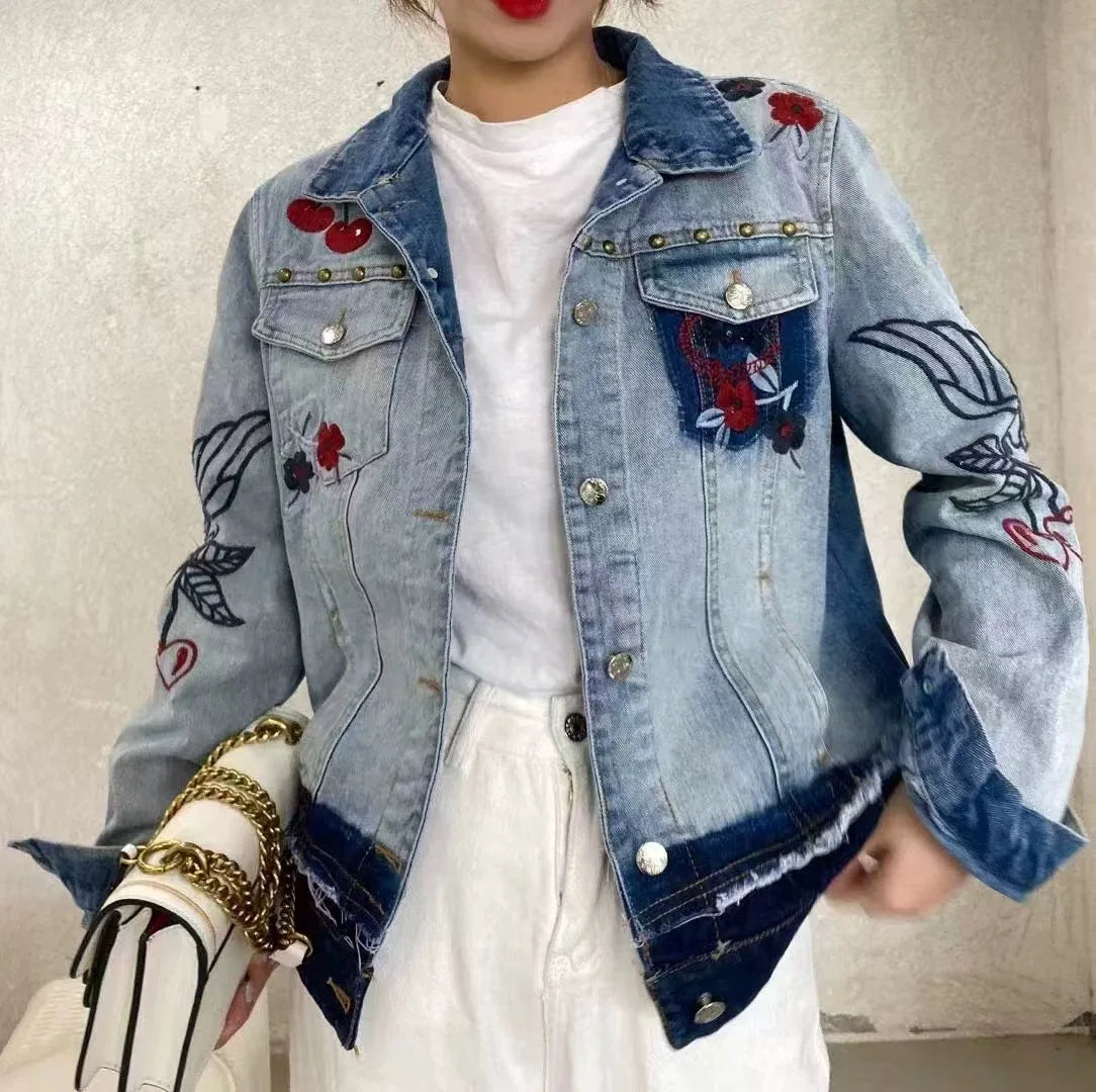 European and American style heavy industry embroidery splicing denim jacket 2025 new print loose casual denim women's jacket top