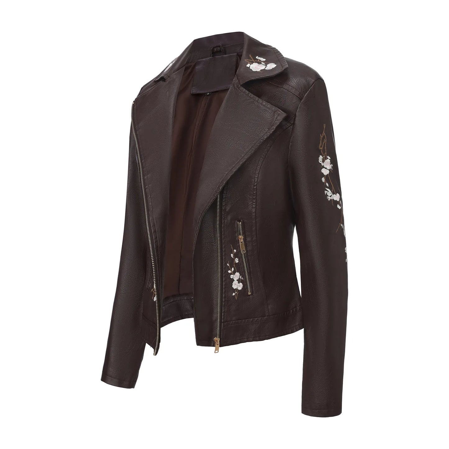 Women's Black Embroidered PU Jacket, Street-Style Brown Faux Leather Coat, Fashionable Beige Long Sleeves Top. 2026 New