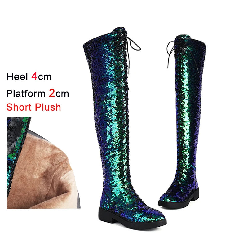 Lowheel Boots For Women Autumn Winter Thick Heels Over-knee-high Boots Shiny Sequined Club Dance Shoes Lace Up Thigh High Boots