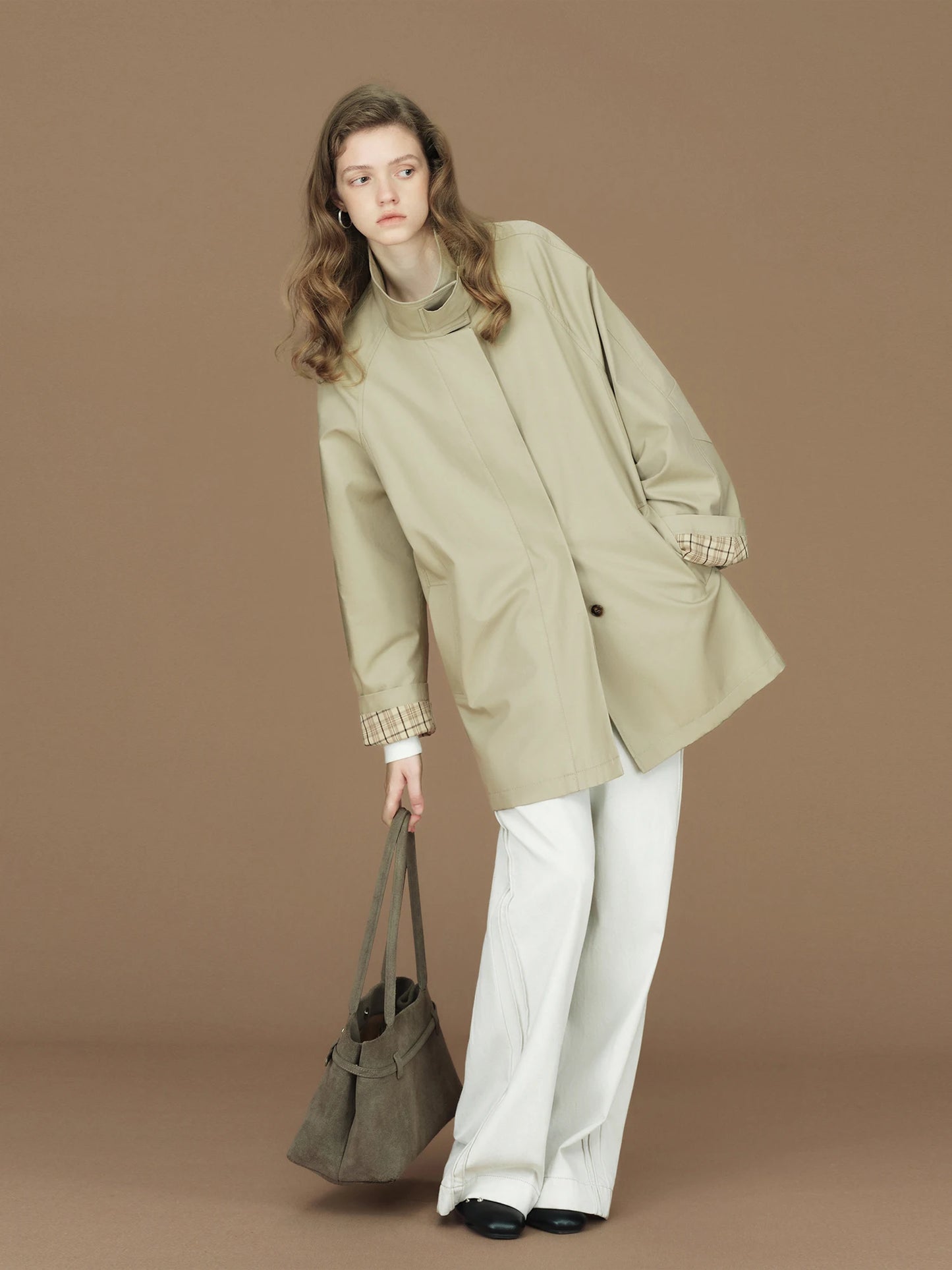 FSLE 2026 Womens British Trench Coat Contrast Cuff Stand Collar Heritage Workwear Style Pink Black Khaki Short Long Trench Coat
