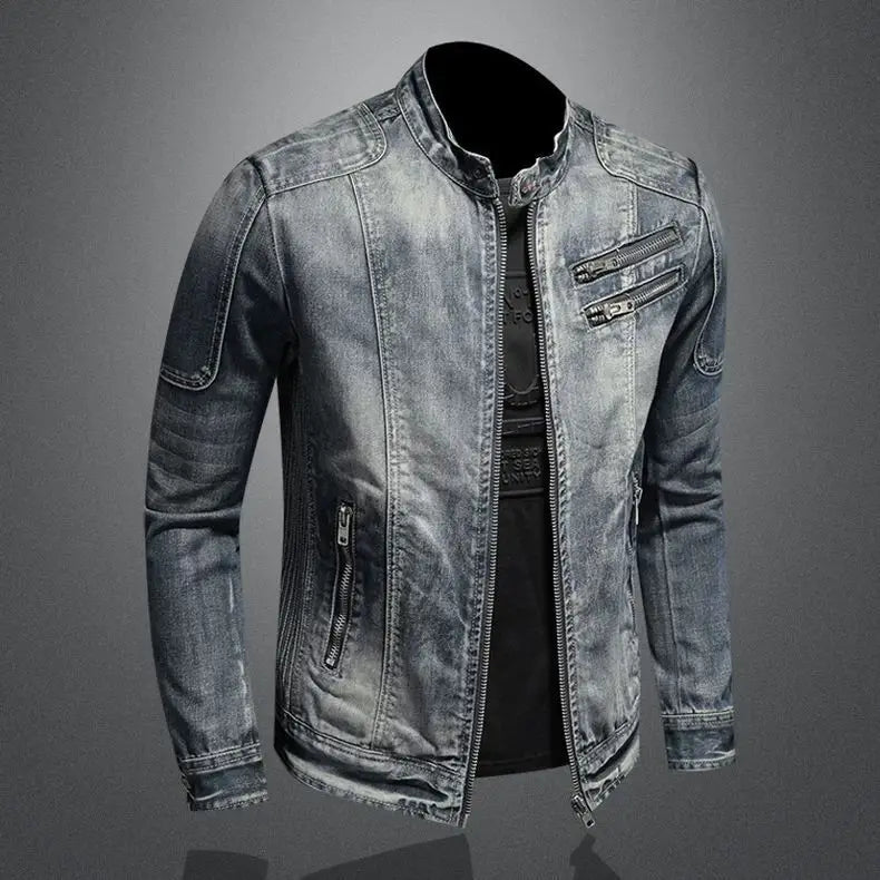 Men's Retro Denim Jacket Casual Oversized Stand Up Collar Zippered Jacket Cycling Motorcycle Coat Trend Loose Fit Top