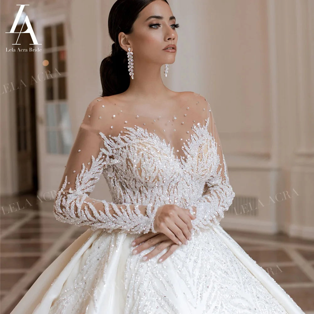 LelaAcra Long Sleeve Wedding Dress 2026 Sweetheart Beaded Backless A-Line Princess Bride Gown SM72 Plus Size Vestido De Noiva
