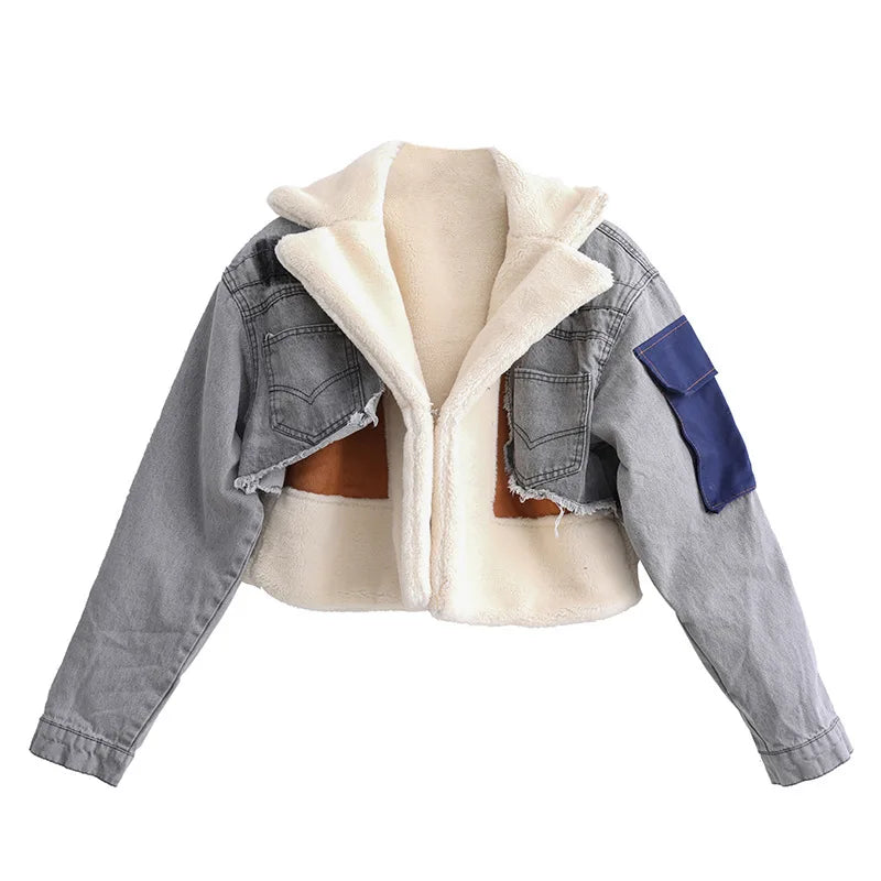 Women Padded Jacket Denim Splicing Jacket Winter New Lamb's Wool Liner Thickened Short Section Biker Jacket Cotton Jacket 2024