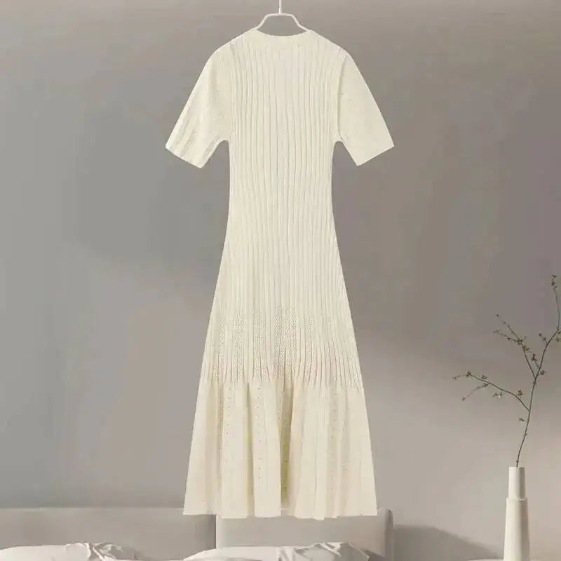 Elegant Knit Dress For Women White Slim O-neck Single Breasted Short Sleeve Long Dresses Female Spring Fashion Lady Robe T88X
