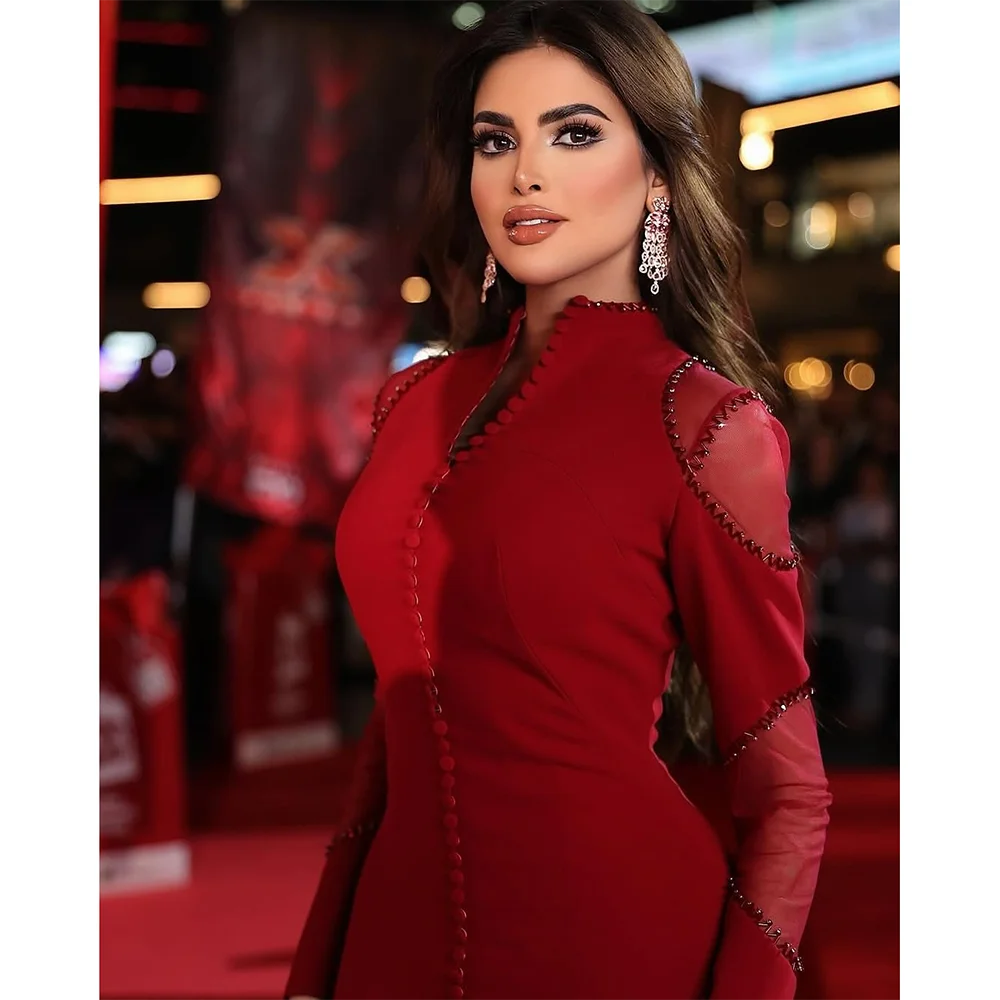 Red Evening Dresses for Women V-Neck Mermaid 2026 Evening Gowns Long Sleeves Floor Length Buttons Jersey Prom Gown Customized