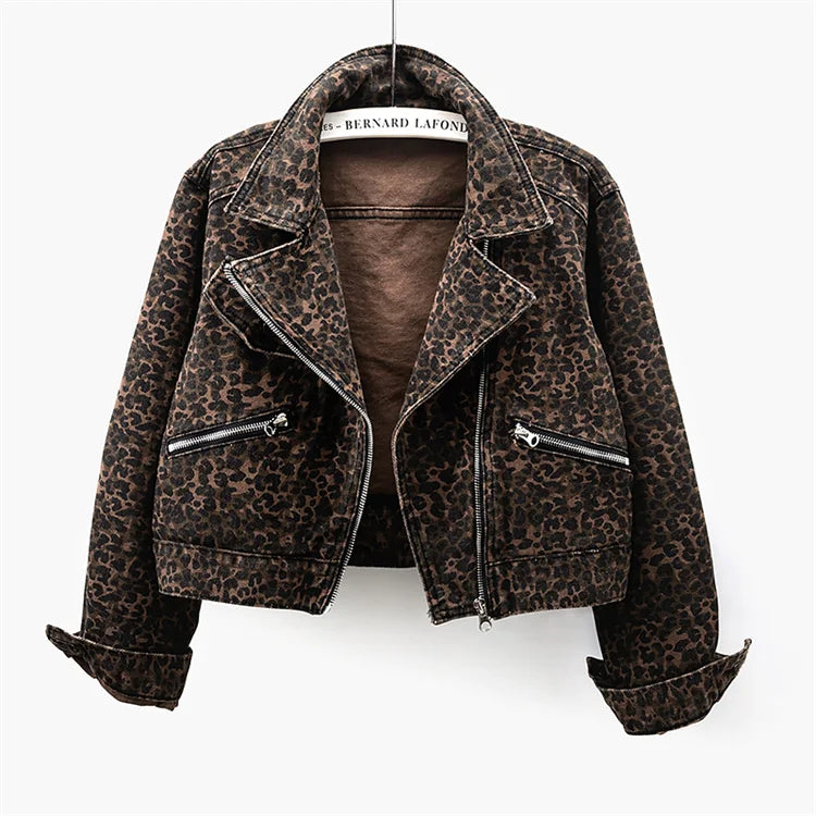 Autumn Vintage Leopard Print Slim Short Denim Jacket Women Cowboy Outerwear Chaquetas Mujer Casual Zipper Jeans Jackets Female