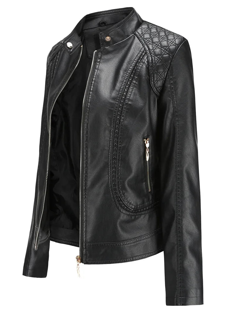 Women's Elegant Stand-up Collar Solid Jacket 2022 Female Three-dimensional Pattern Coat S-4XL New Pu Faux Leather Jacket Women