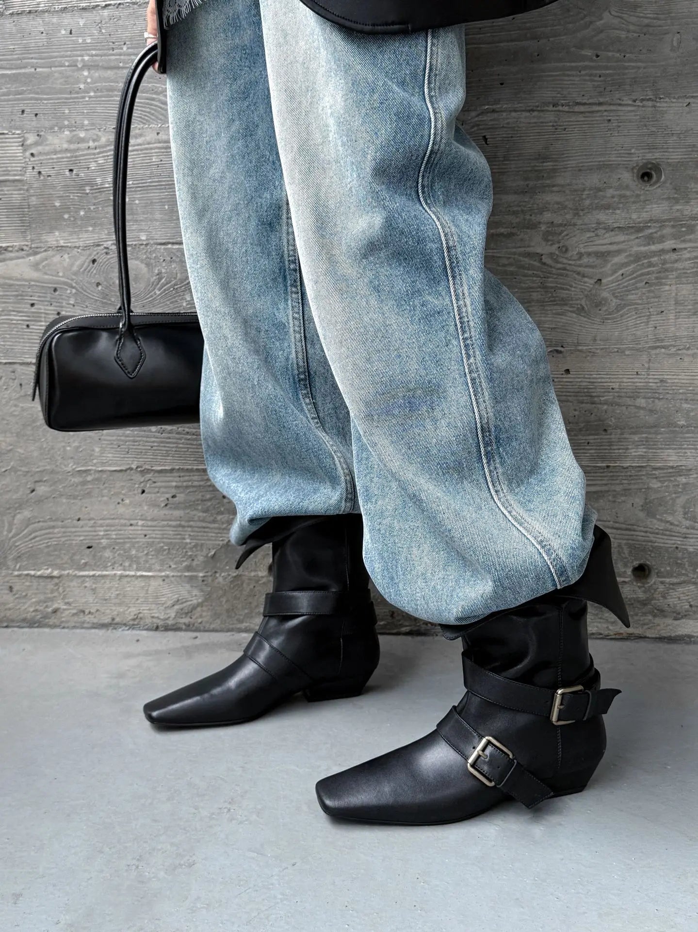 Arden Furtado Autumn Belt buckle cowhide Mid-Calf boots Square toe pull-on Middle heel Modern boots Large size Women's Boots