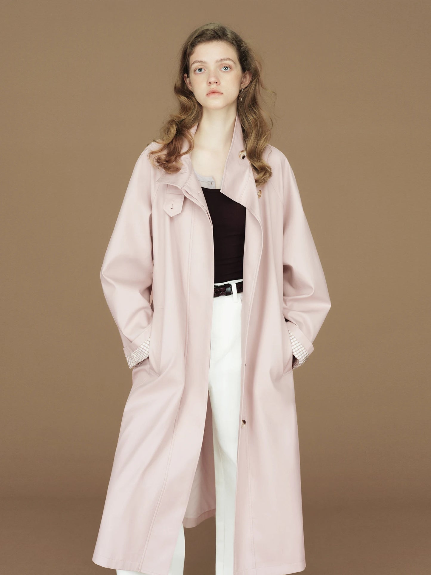 FSLE 2026 Womens British Trench Coat Contrast Cuff Stand Collar Heritage Workwear Style Pink Black Khaki Short Long Trench Coat