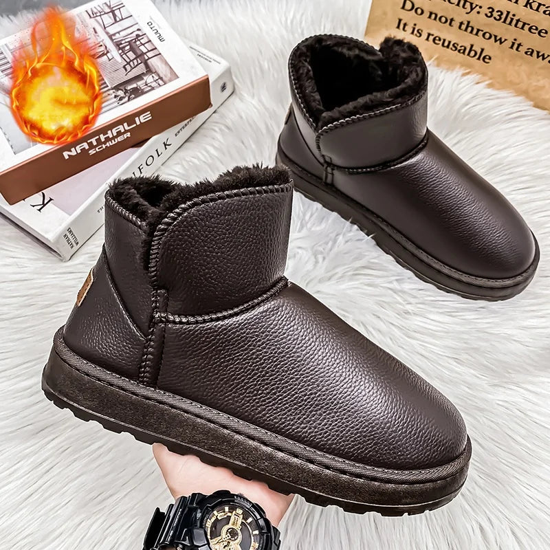 Couple Style Men's and Women's High-Top Leather Waterproof Snow Boots Plus Velvet Warm Boots and Cotton Shoes