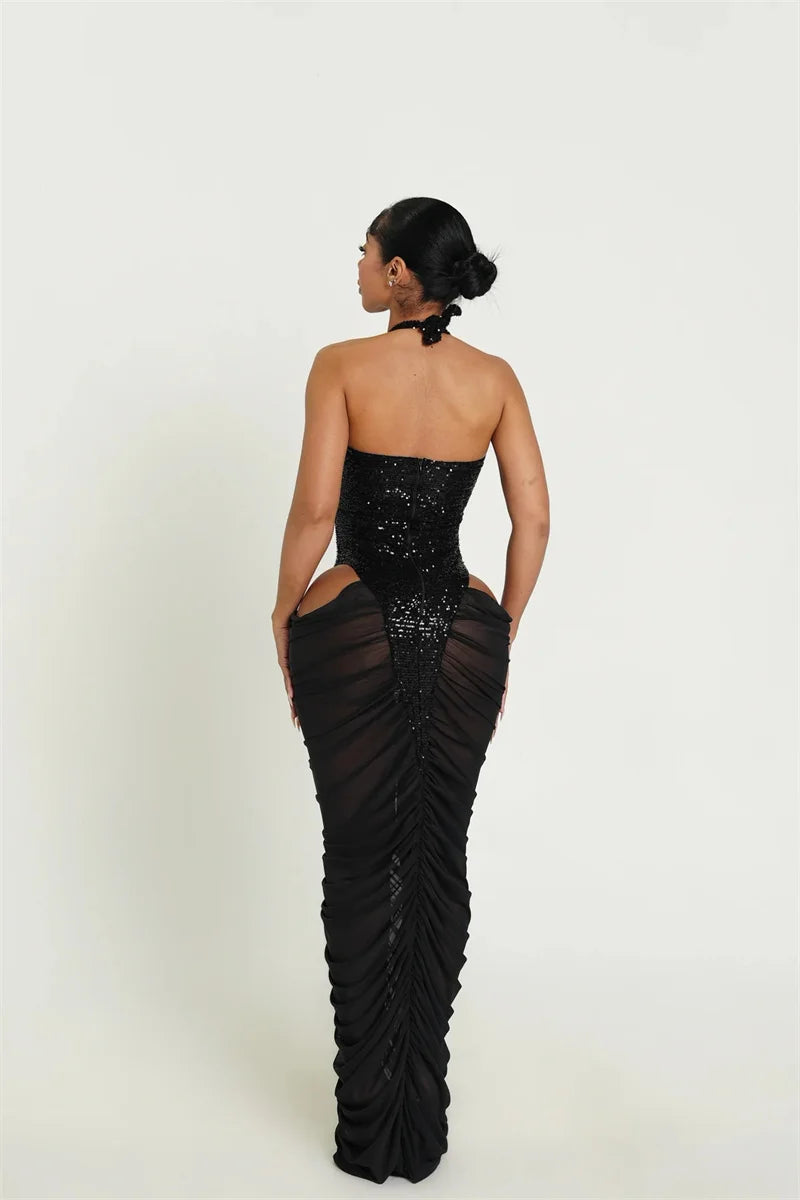 Sexy Glitter Sequins Party Evening Dresses Women Luxury Celebrity Sheer Mesh Patchwork Cut Out Formal Ruched Bodycon Maxi Dress