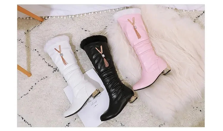 Winter Warm Knee High Boots Women Platform Wedges High Heels Snow Boots Slip on Winter Ladies Shoes White Black Pink 2025