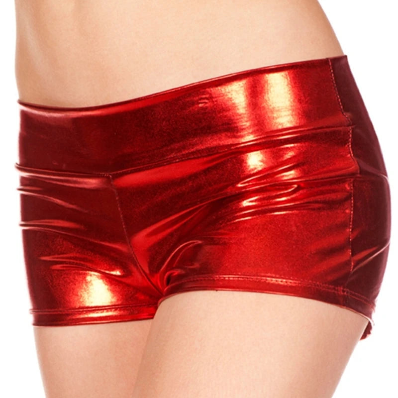 Women's Shining Metallic Booty Shorts Low Waist Dance Bottoms Faux Leather Hot Pants Dance Festival Costumes