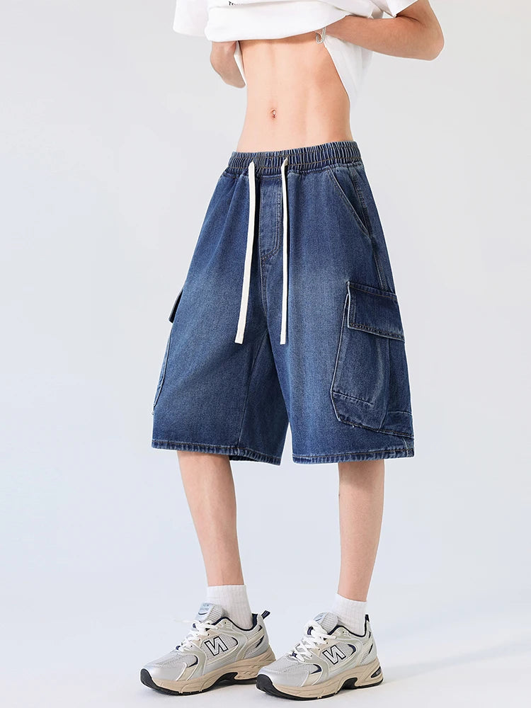 Cargo Shorts Men Summer Baggy Multi-pocket Jeans Straight Drawstring Moto Work Pants Fashion Cotton Black Blue Trousers New