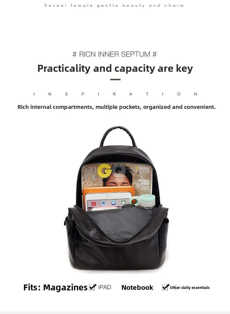 Women's Large Capacity Soft Leather Backpack Fashionable Street Style Travel Bag 2025 New Korean Version Trendy Ladies Bag