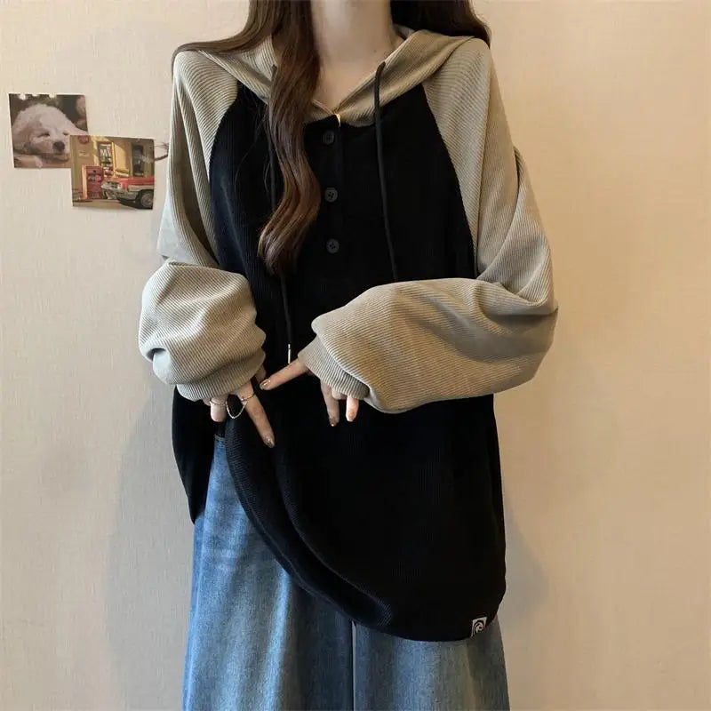 Women Clothing Fashion Casual Long Sleeve Hoodies Spring Autumn Loose Lazy Style Top Tee Office Lady Button Patchwork Pullover