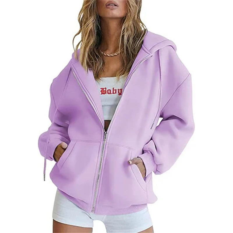 Spring Autumn Winter Fashion Zipper Hoodies Women Cardigan Coat Daily Long Sleeve Tops Versatile Casual Hoodies Women Sweatshirt