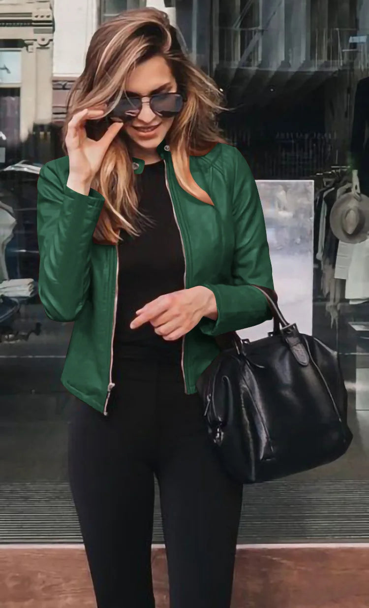 Autumn and Winter New Fashion Black Leather PU Suit Jacket Women Tops Zipper Stand Collar Slim Fit Casual Short Jacket for Women