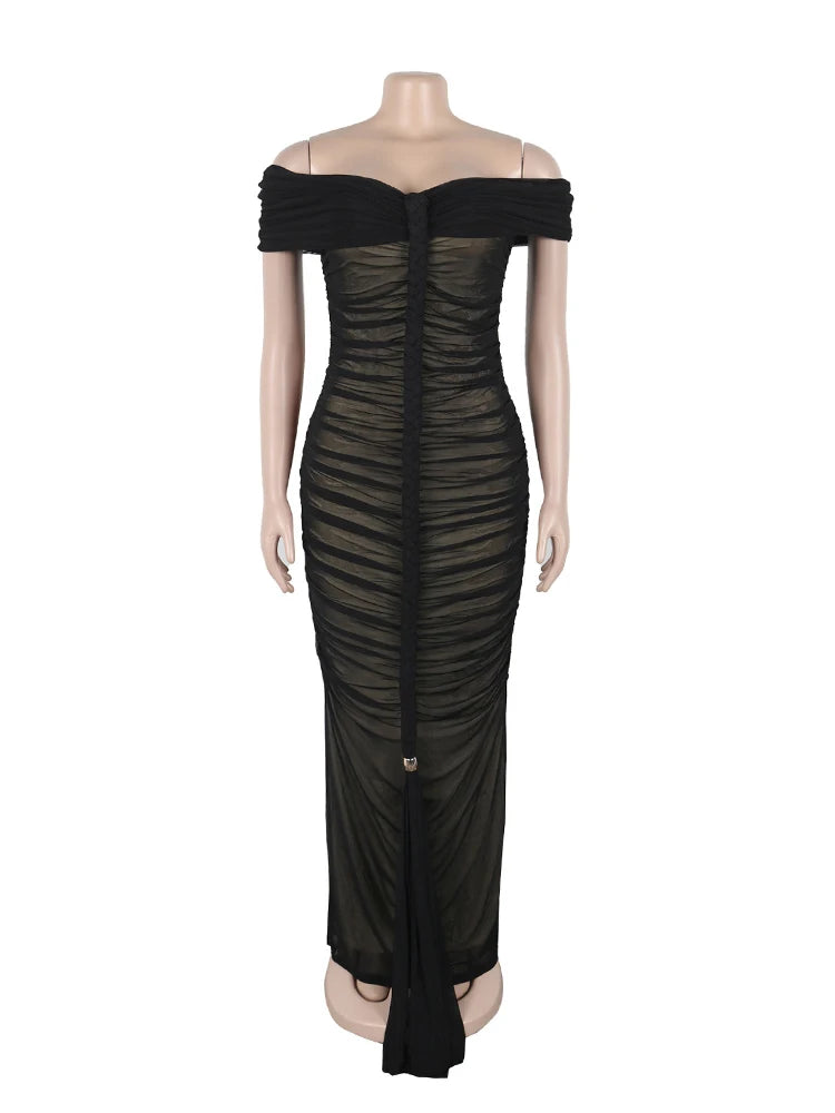 Off The Shoulder Dresses for Woman Transparent Mesh Long Summer Dress Sexy Draped Skinny Dress Evening Wholesale Dropshipping