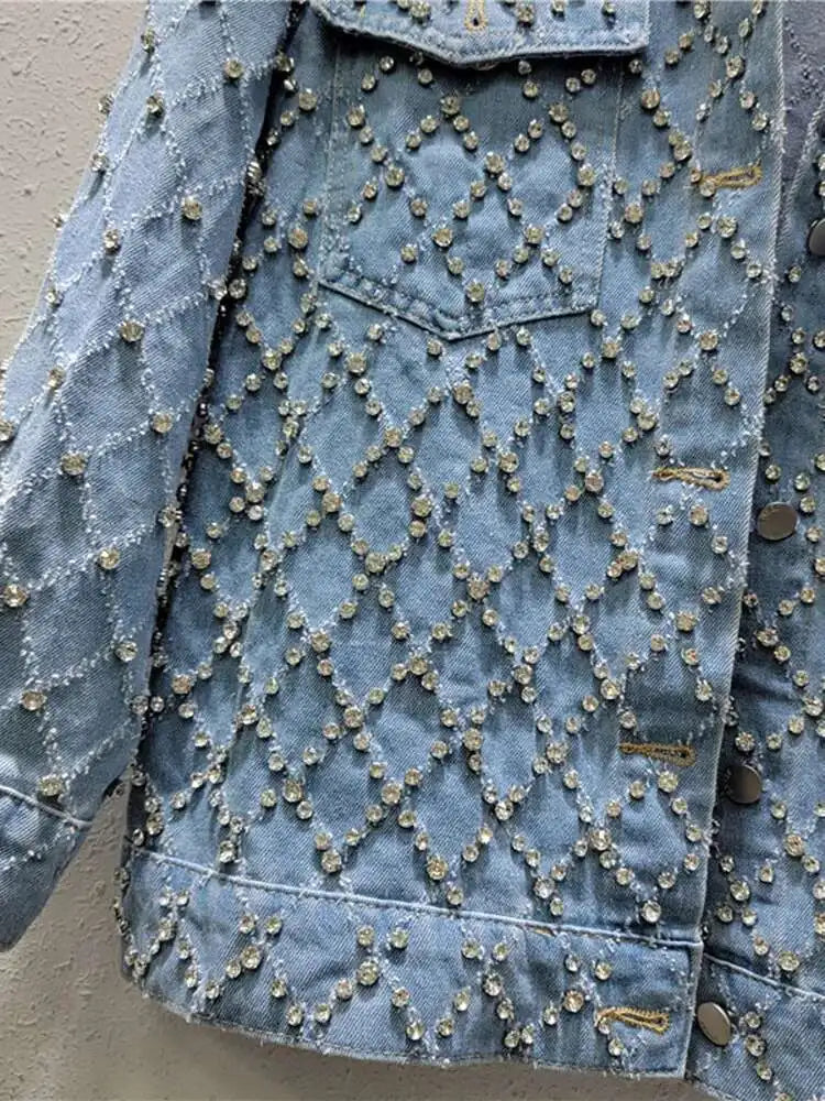 DEAT Women's Denim Coat Blue Long Sleeve Full Diamonds Distressed Jacquard Plaid Jackets 2026 Summer Summer New Fashion 29L7709