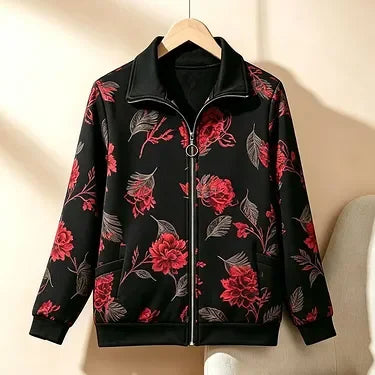Womens Mom Floral Print Zip Up Jacket Lapel Collar Casual Loose Outerwear For Middle Aged Ladies
