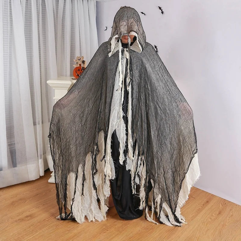 Horror Grim Reaper Cosplay Set Fringed Worn Hooded Cloak Disassemble Skull Scythe Prop For Halloween Party Dress Up