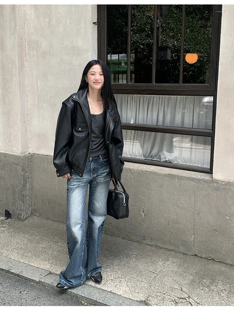Lautaro Spring Winter Cool Oversized Thicken Warm Black Hard Pu Leather Jacket Women Long Sleeve High Quality American Clothing