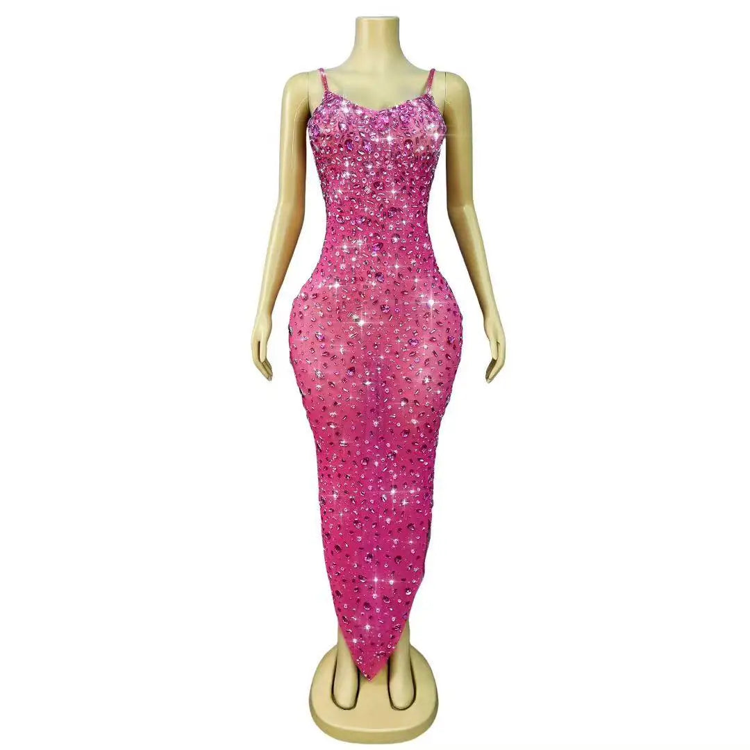 Women Birthday Evening Cocktail party Gown Red Carpet Club Stage Outfit Luxury Rhinestones Sexy Mesh See Through Bodycon Dress