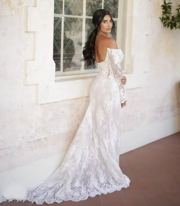 Fashion Lace Pearl Mermaid Wedding Dress Long Sleeve Elegant Off The Shoulder Boho Sexy Bridal Dresses