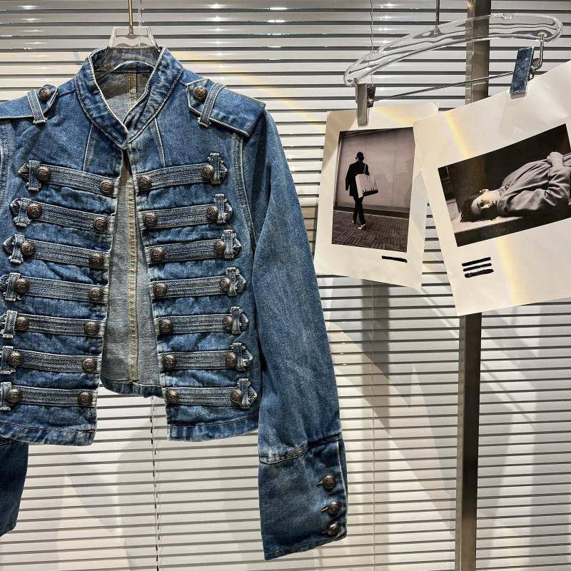 DEAT 2026 Autumn New Fashion Metal Buckle Design Shoulder Strap Denim Short Jacket For Women High Street Coat Female 11A06995