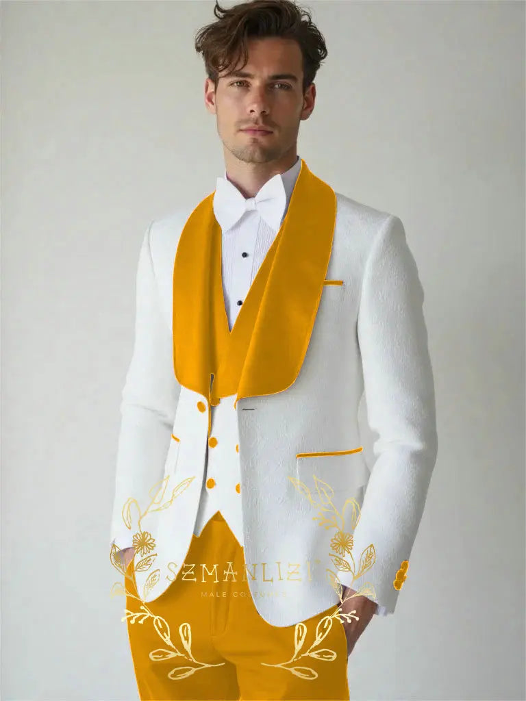 White Floral Wedding Men's 3-piece Suit Set (Jacket Pants Vest) Groom Tuxedo Formal Blazer Elegant Groomsmen Suit for Men