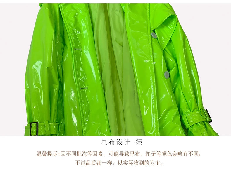 Nerazzurri Spring Autumn Oversized Thin Shiny Reflective Patent Leather Trench Coat for Women Double Breasted European Fashion